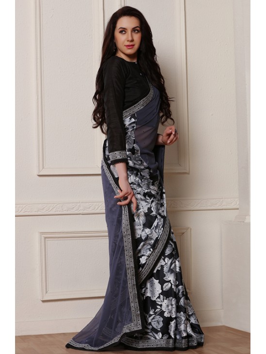 ZACS-608 STUNNING BLACK AND GREY PRINTED GEORGETTE READY TO WEAR SAREE