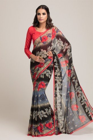 BLACK AND RED GEORGETTE PRINTED READY MADE SAREE