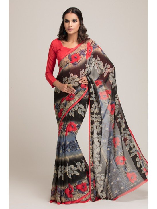 BLACK AND RED GEORGETTE PRINTED READY MADE SAREE