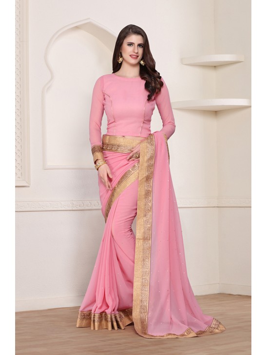 ZACS-617 STUNNING PINK GEORGETTE WITH AN AMAZING ZARI BORDER READY MADE SAREE