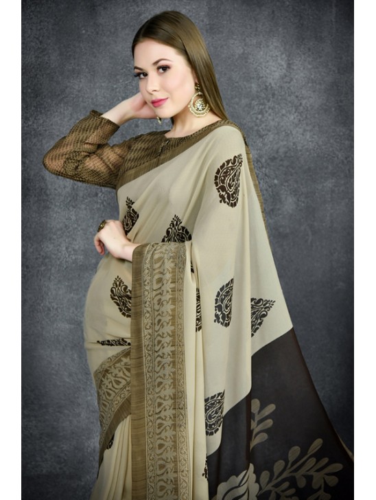 Military Olive Georgette Printed Saree