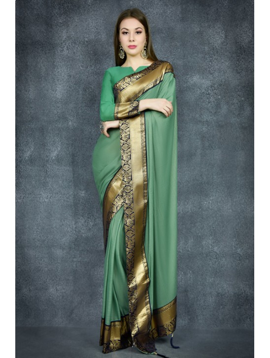 Ultramarine Green Banarasi Golden Border Ethnic Saree