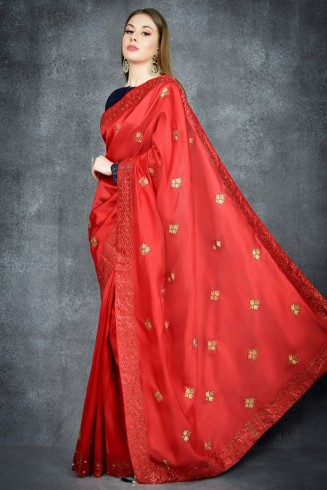 Flame Scarlet Red & Navy Blue Embroidered Ethnic Wear Saree