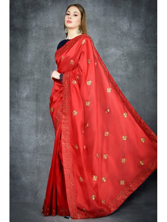 Flame Scarlet Red & Navy Blue Embroidered Ethnic Wear Saree