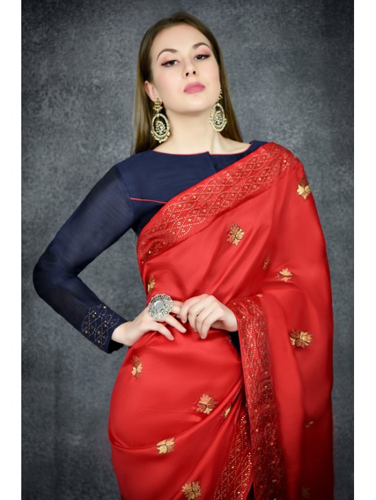 Flame Scarlet Red & Navy Blue Embroidered Ethnic Wear Saree