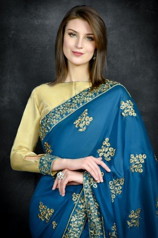 Mosaic Blue Traditional Embroidered Saree