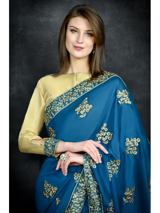 Mosaic Blue Traditional Embroidered Saree