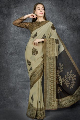 Military Olive Georgette Printed Saree