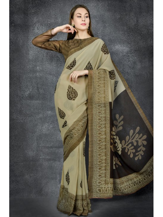 Military Olive Georgette Printed Saree