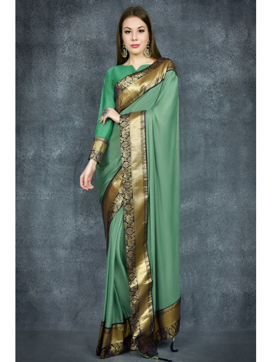 Ultramarine Green Banarasi Golden Border Ethnic Saree