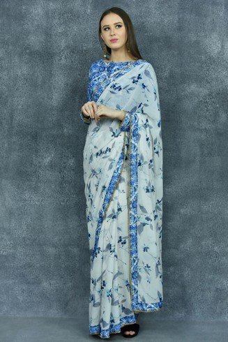 Faded Denim Printed Readymade Saree