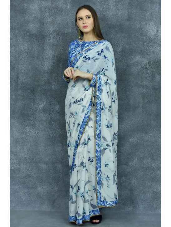 Faded Denim Printed Readymade Saree