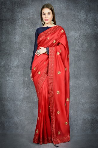 Flame Scarlet Red & Navy Blue Embroidered Ethnic Wear Saree