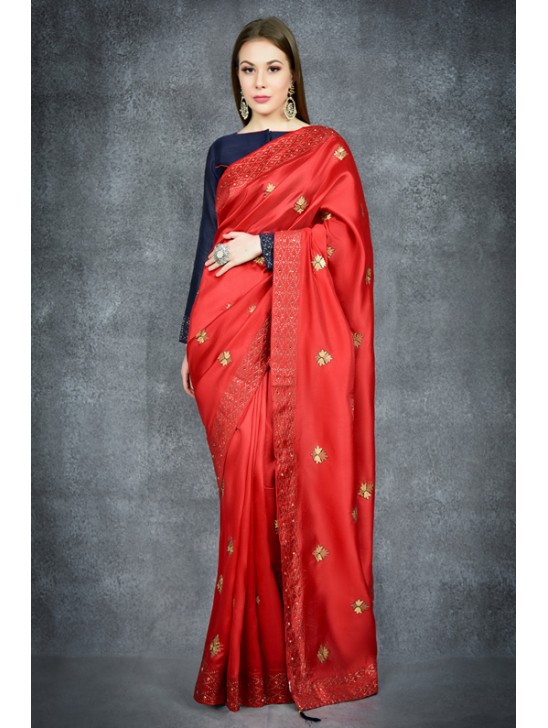 Flame Scarlet Red & Navy Blue Embroidered Ethnic Wear Saree