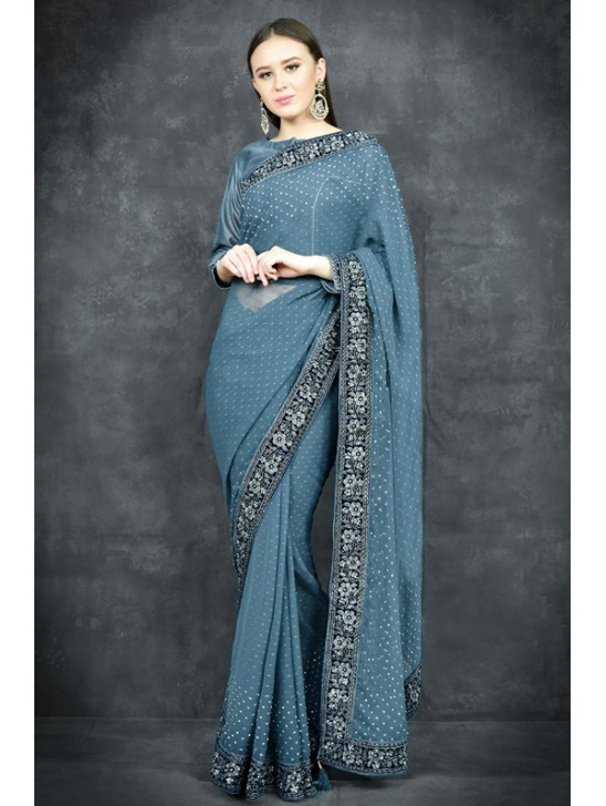 Mosaic Blue Georgette Readymade Floral Embroidered Saree