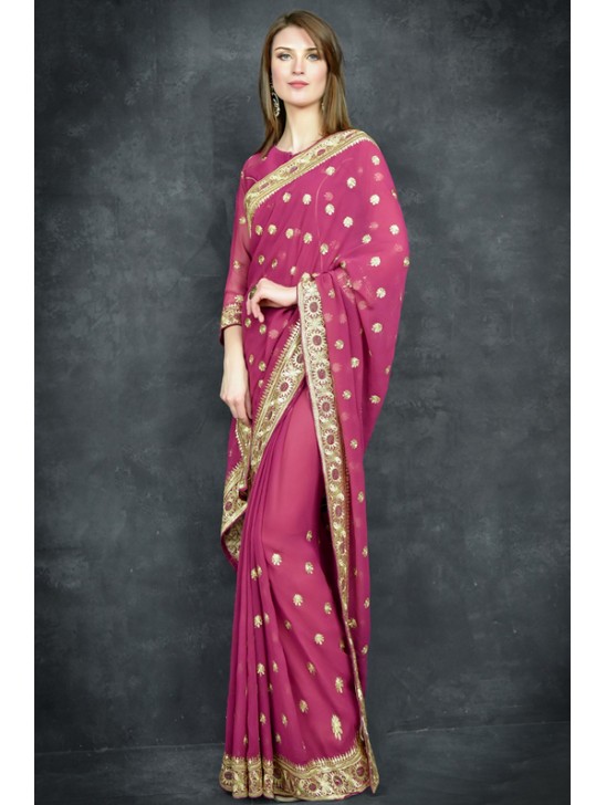 Magenta Purple Golden Embroidered Border Designer Saree