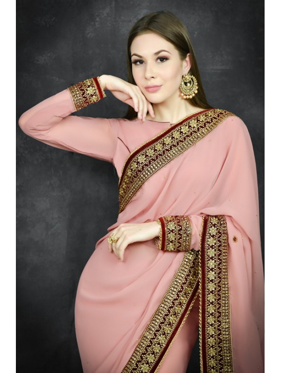 Rose Tan Border Embroidered Desi Party Wear Saree