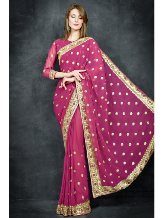 Magenta Purple Golden Embroidered Border Designer Saree