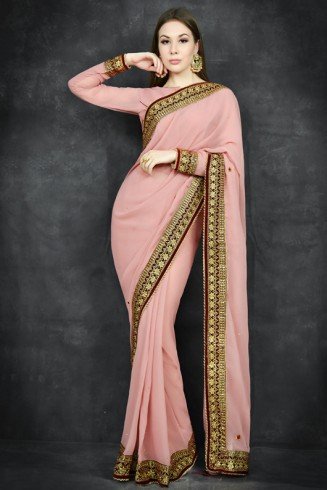 Rose Tan Border Embroidered Desi Party Wear Saree