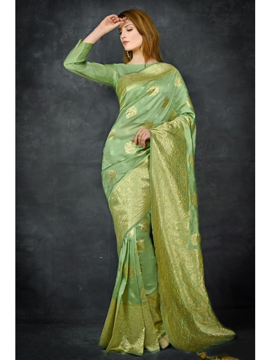 Pista Green Indian Ethnic Banarasi Saree