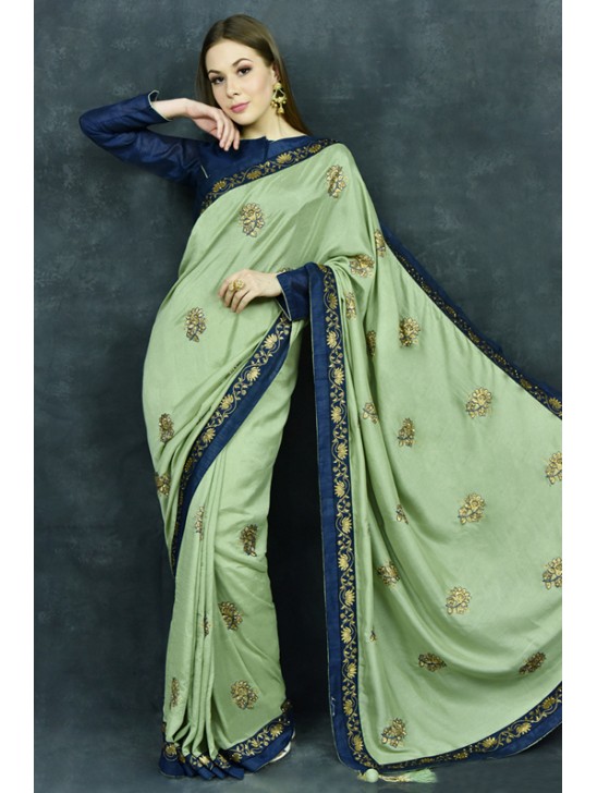 Pista Green & Navy Blue Designer Ethnic Saree