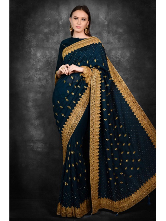 Peacock Blue & Gold Border Designer Party Wear Saree