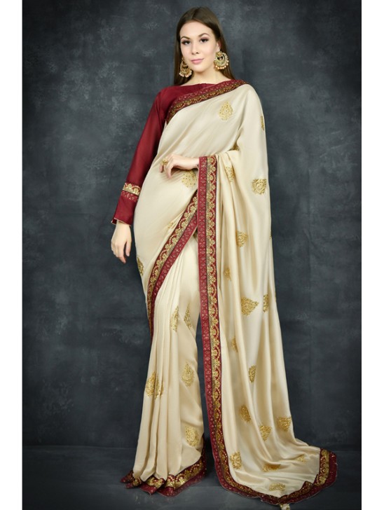 Soft Sunlight & Maroon Ethnic Wedding Saree