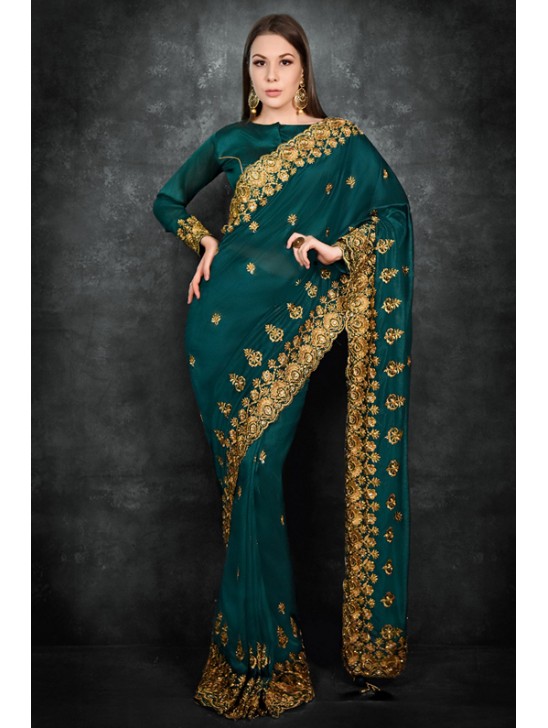 Ultramarine Green Fancy Embroidered Saree