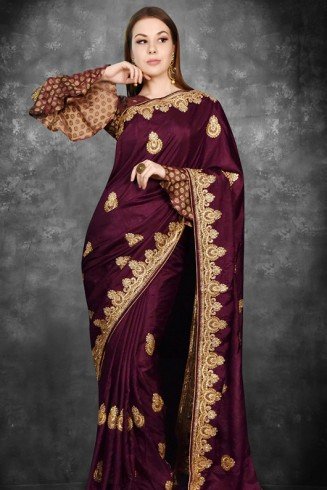 Magenta Purple Brocade Style Blouse Ethnic Saree