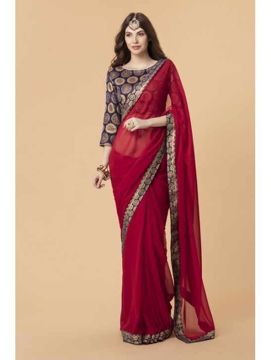 ZACS-700 RED GEORGETTE SAREE WITH BROCADE BLOUSE