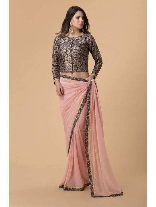 ZACS-703 PEACH GEORGETTE BROCADE BORDER INDIAN PARTY WEAR SAREE