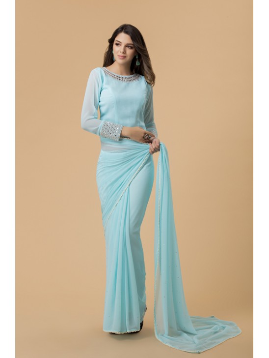 ZACS-701 SKY BLUE GEORGETTE NEW INDIAN OCCASIONAL WEAR SAREE