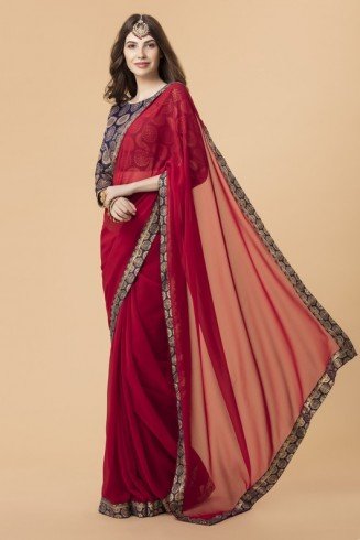 ZACS-700 RED GEORGETTE SAREE WITH BROCADE BLOUSE