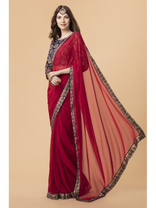 ZACS-700 RED GEORGETTE SAREE WITH BROCADE BLOUSE