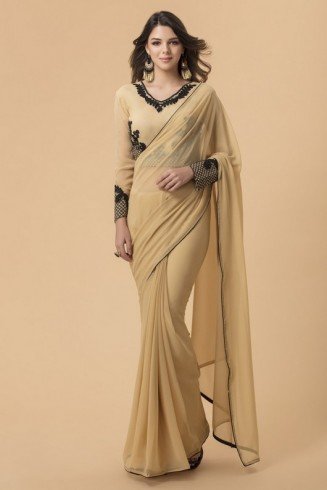 BEIGE GEORGETTE BLACK EMBROIDERED MEHNDI WEAR SAREE 