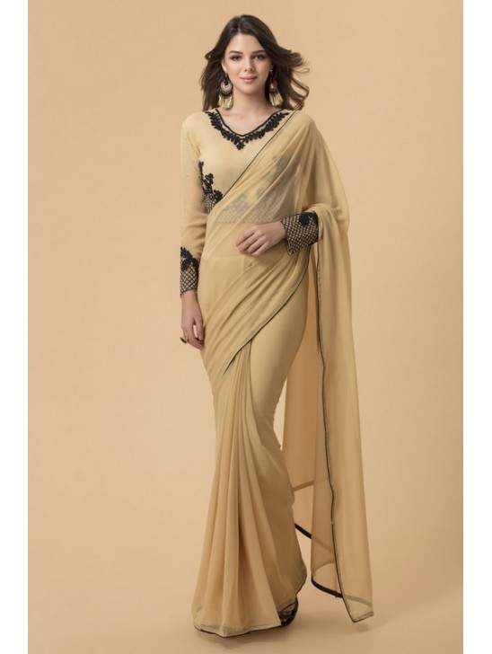 BEIGE GEORGETTE BLACK EMBROIDERED MEHNDI WEAR SAREE