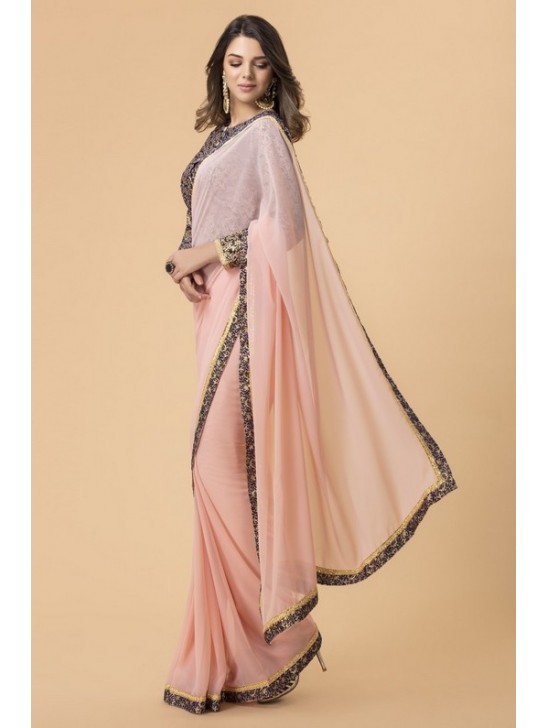 ZACS-703 PEACH GEORGETTE BROCADE BORDER INDIAN PARTY WEAR SAREE