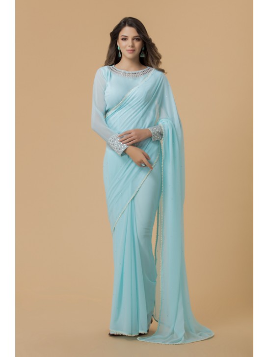 ZACS-701 SKY BLUE GEORGETTE NEW INDIAN OCCASIONAL WEAR SAREE