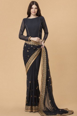 ZACS-715 BLACK GEORGETTE INDIAN READY MADE SAREE