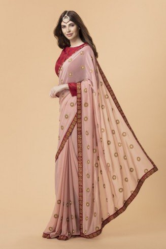 zACS-711 PEACH AND RED GEORGETTE OCCASION WEAR INDIAN SAREE