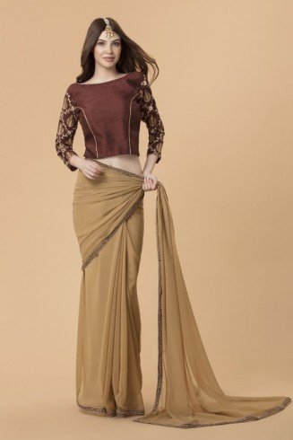 ZACS-709 BEIGE STYLISH SILK BLOUSE INDIAN EVENING WEAR SAREE