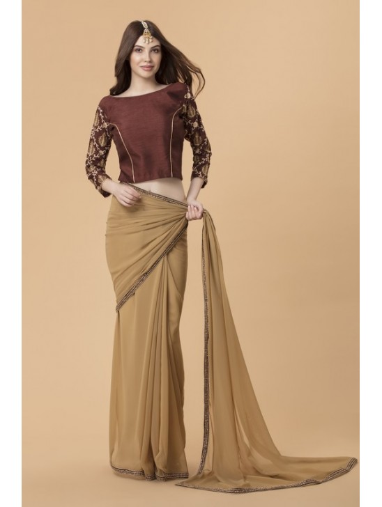 ZACS-709 BEIGE STYLISH SILK BLOUSE INDIAN EVENING WEAR SAREE