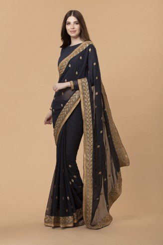 ZACS-715 BLACK GEORGETTE INDIAN READY MADE SAREE