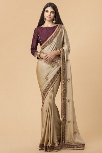 ZACS-714 BEIGE AND PLUM TRADITIONAL INDIAN STYLE SAREE