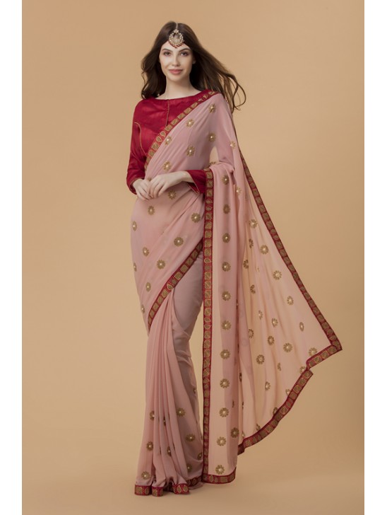 zACS-711 PEACH AND RED GEORGETTE OCCASION WEAR INDIAN SAREE