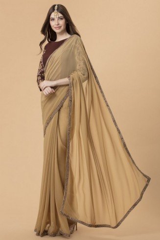 ZACS-709 BEIGE STYLISH SILK BLOUSE INDIAN EVENING WEAR SAREE