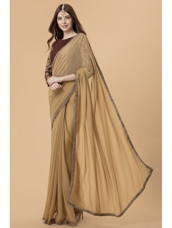 ZACS-709 BEIGE STYLISH SILK BLOUSE INDIAN EVENING WEAR SAREE