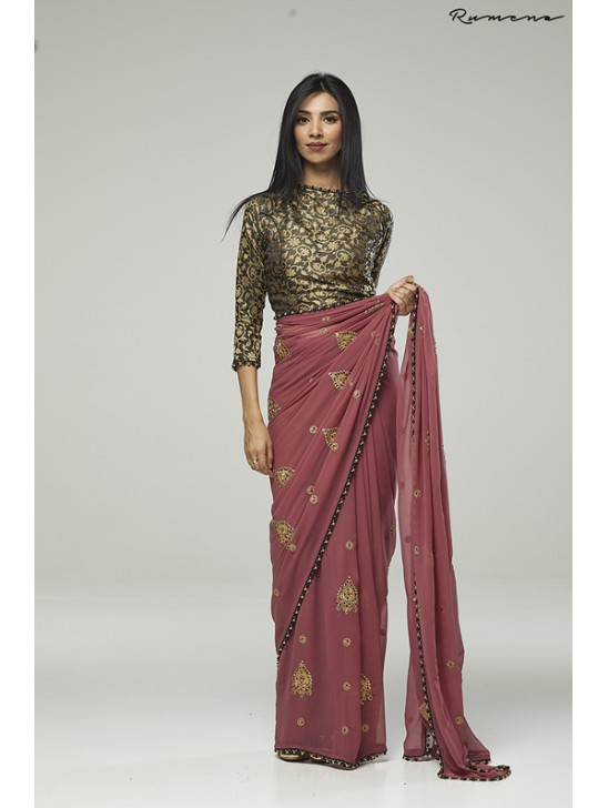 ROSE PINK DESIGNER SAREE WITH BLACK GOLD BROCADE BLOUSE