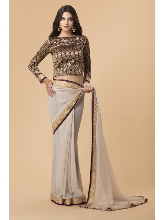 ZACS-719 SILVER GREY PARTY WEAR BROCADE BLOUSE SAREE