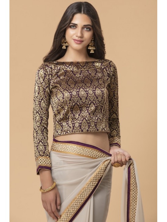 ZACS-719 SILVER GREY PARTY WEAR BROCADE BLOUSE SAREE